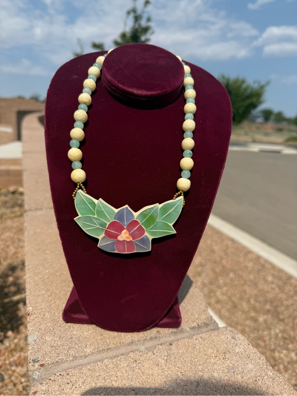Vintage Carved Floral Pendant Necklace | Jade Green & Bone Bead, 19in